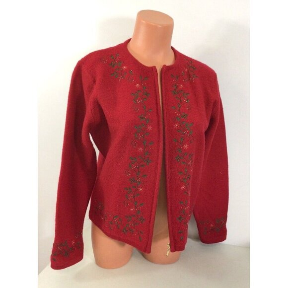 Karen Scott Wool Christmas Sweater Full Zip Womens Medium - Picture 1 of 6